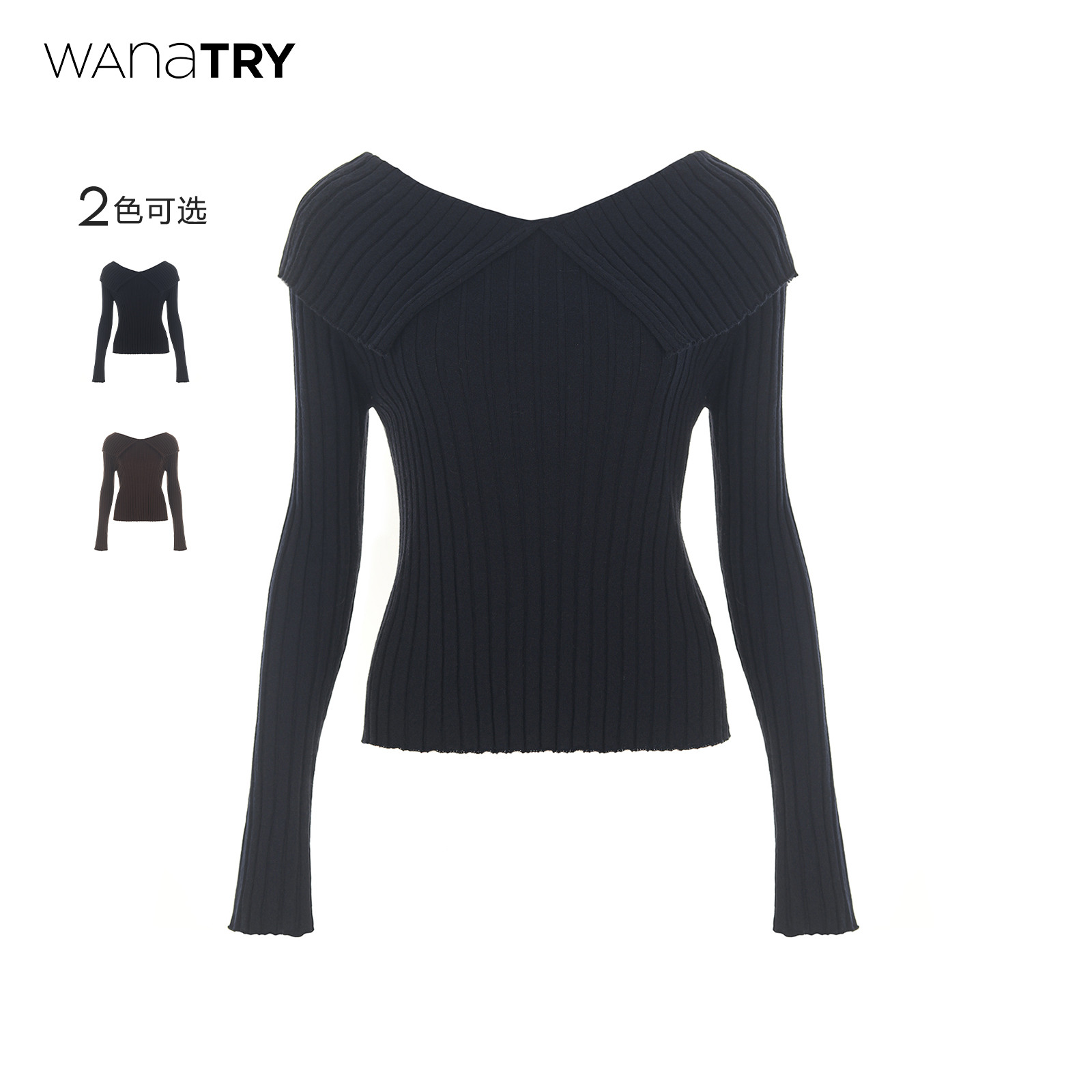 wanatry翻领绵羊毛软糯针织上衣