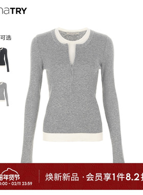 wana try羊毛拉链半开襟针织衫冬季新款女灰色假两件简约上衣内搭