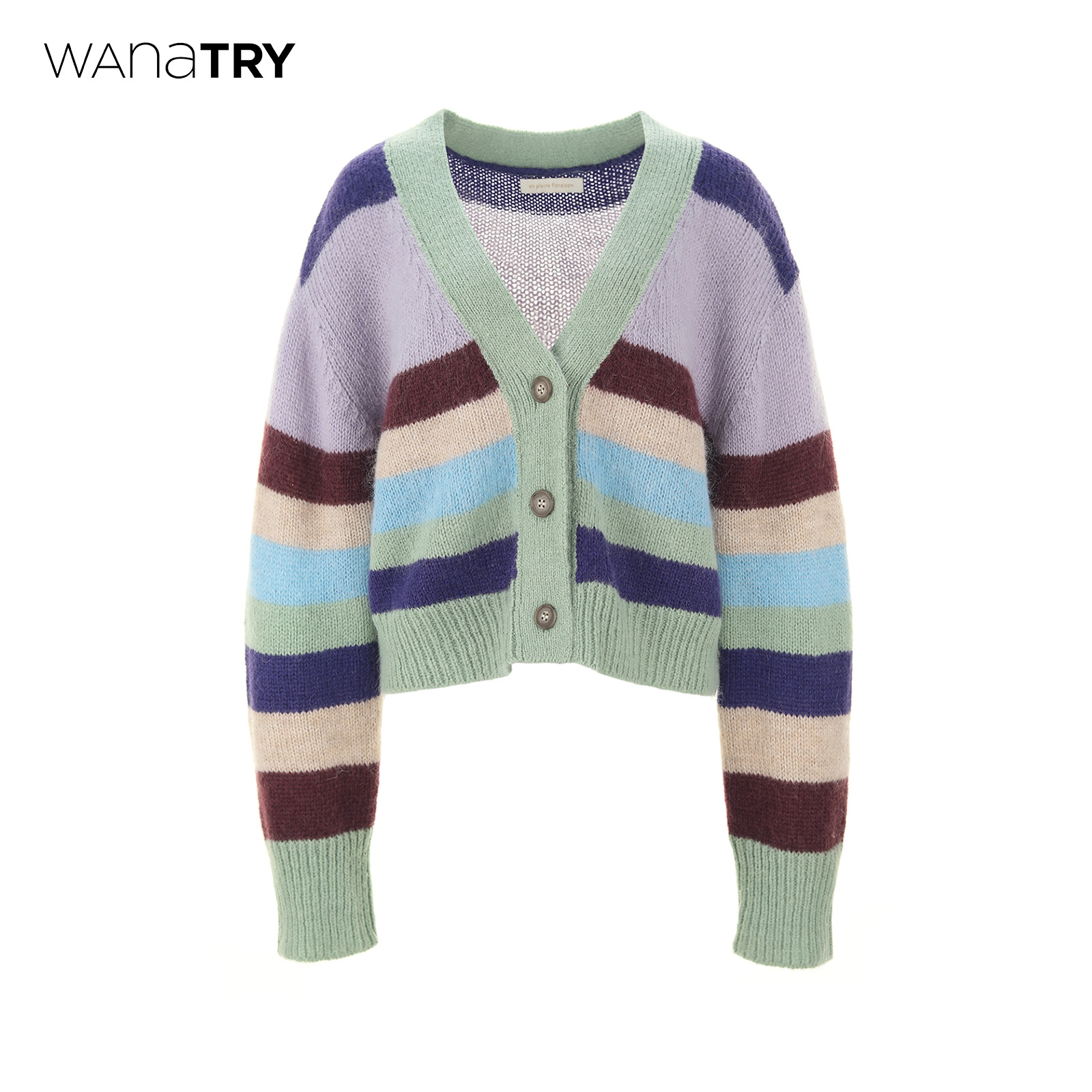 wanatry马海毛紫绿拼色开衫