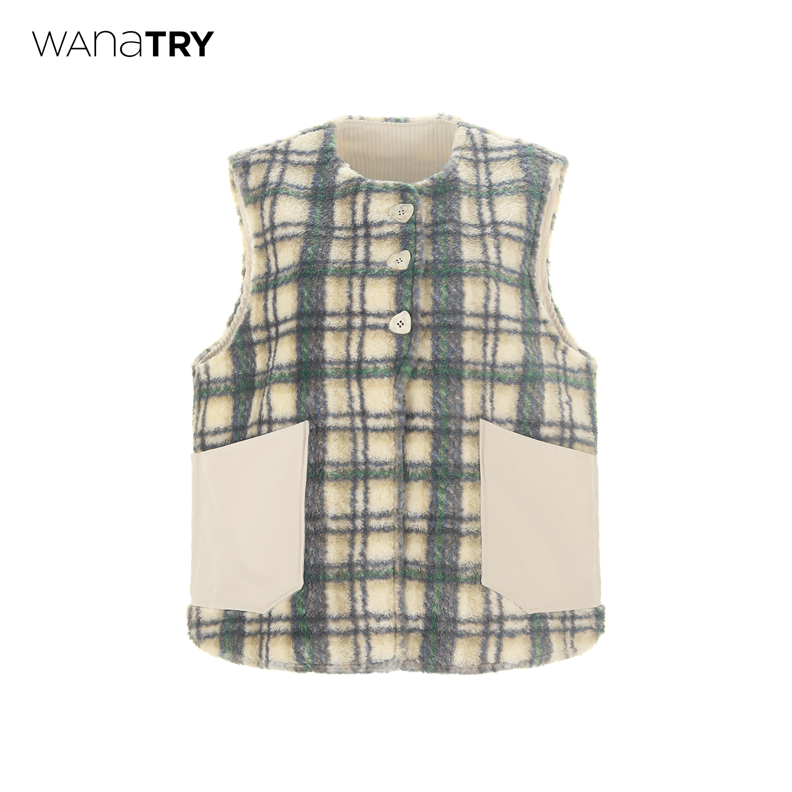 wanatry杏色撞色格子百搭马甲
