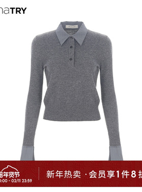 wana try撞领拼接羊毛深灰色针织衫2025秋季新款简约气质女款上衣