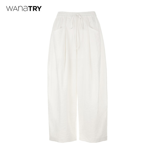 wanatry亚麻橡筋腰白色休闲裤