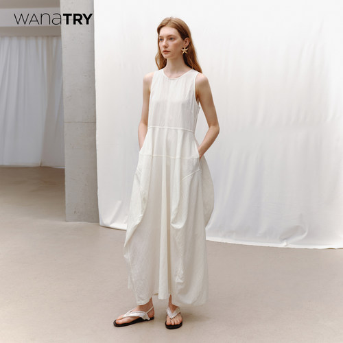 wanatry奶白色拼接设计连衣裙