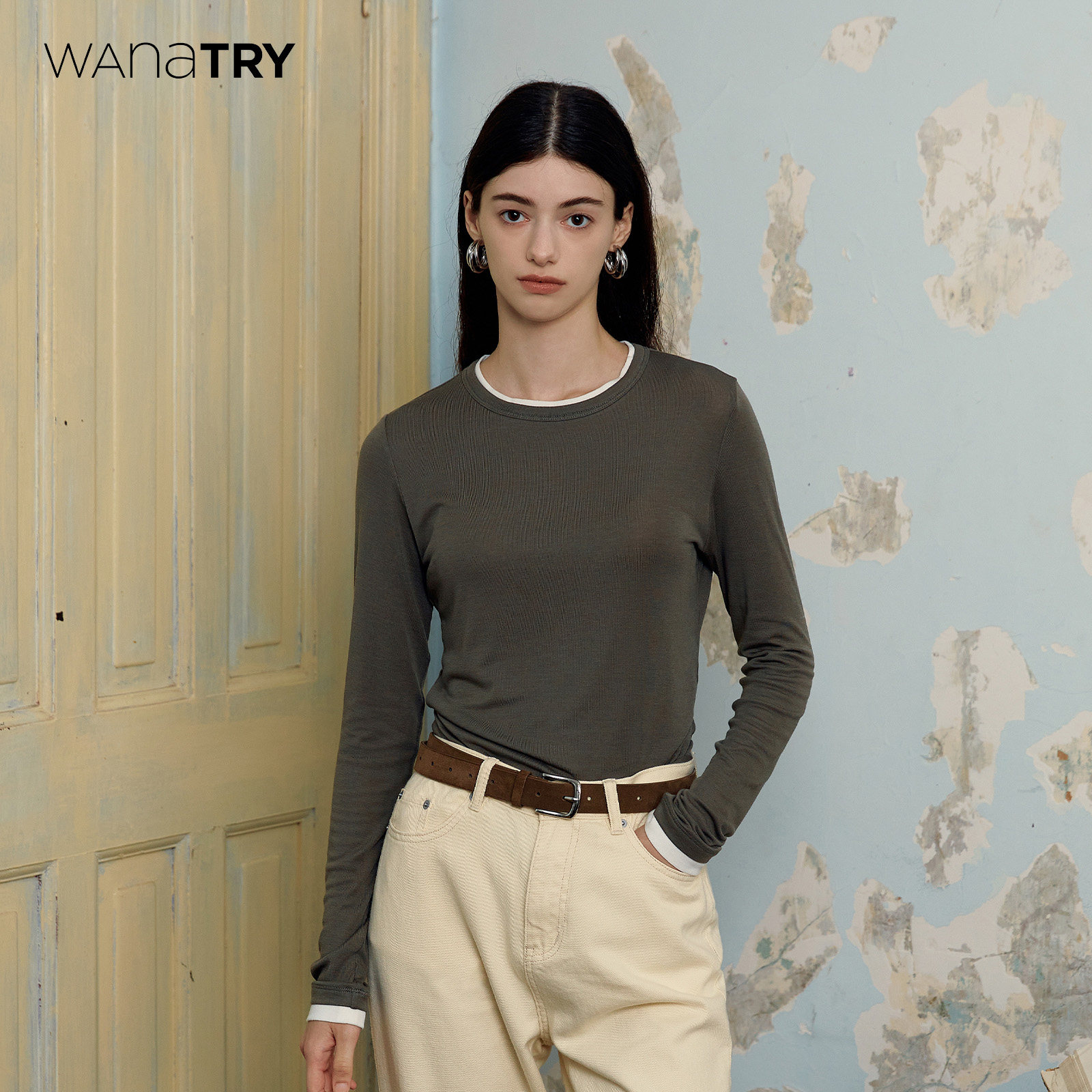 Wana try豆沙绿假两件不对称设计打底衫2023秋冬女装上衣内搭衣服