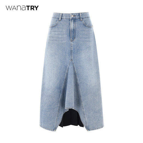 Wanatry牛仔拼接棉质百褶半裙