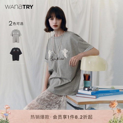 wanatry纯棉甜酷小天使廓形T恤