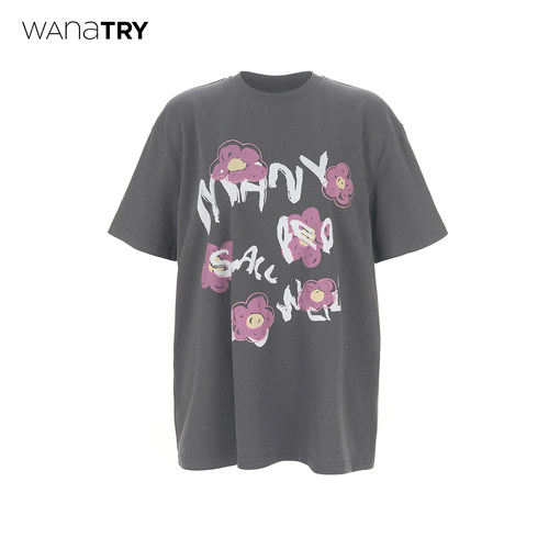 wanatry甜酷花朵印花廓形T恤