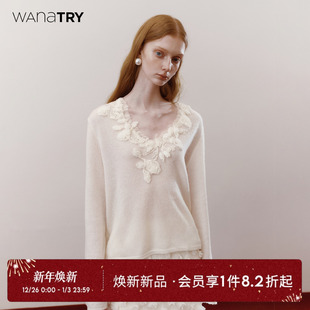 软糯女款 wana 新款 奶白色2025冬季 上衣 try羊毛重工花边V领针织衫