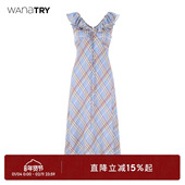 try法式 少女天青蓝连衣裙波浪格纹裙子夏季 新款 wana 气质甜美女装
