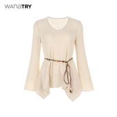优雅感上衣含腰带早春新品 wana tryU领喇叭袖 正肩气质通勤温柔女