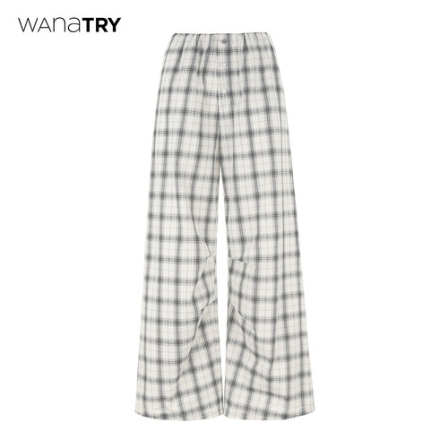 wanatry方格直筒休闲雪白长裤