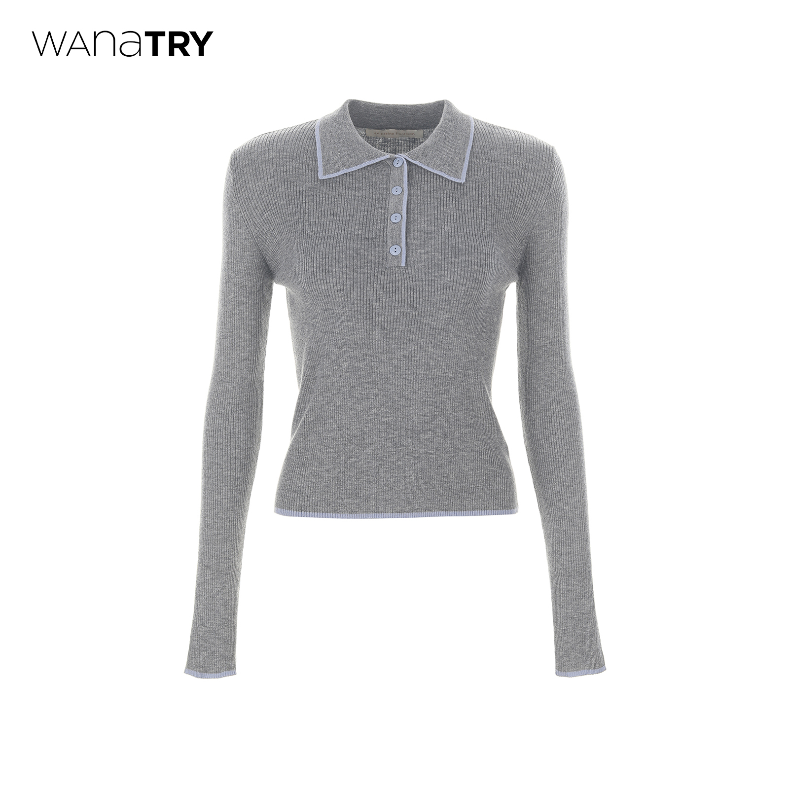 wana try绵羊毛polo针织上衣冬季新款紧身纸片人灰色撞色边内搭女