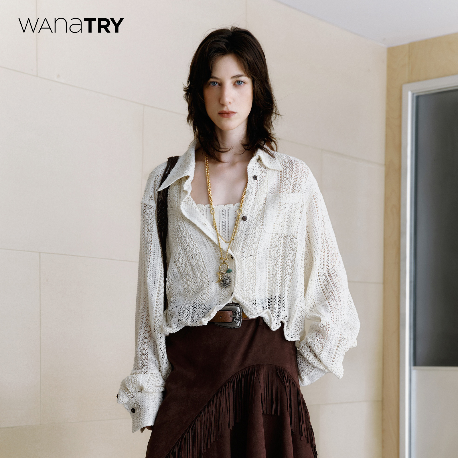wanatry镂空编织廓形短款衬衫