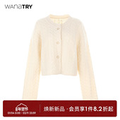 try100%羊毛绞花针织开衫 花瓣边领口新款 女装 wana 气质短款 上衣