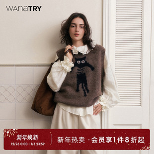 简约女款 wana 新款 马甲2025秋季 上衣 try细马海毛羊毛卡其色无袖