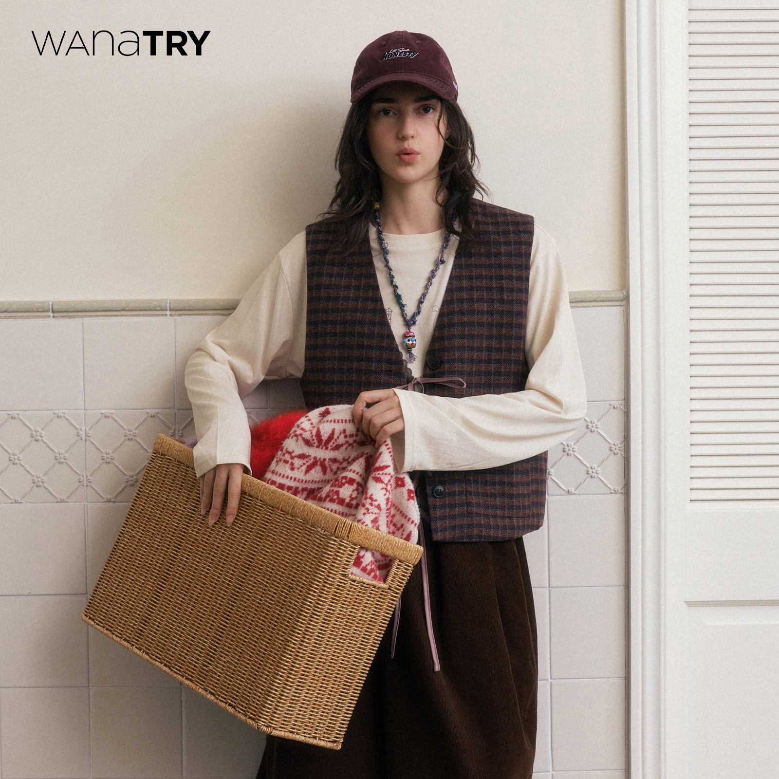 wanatry格纹蕾丝拼接复古马甲