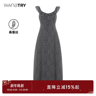 try 新款 黑色荷叶边修身 连衣裙2025夏季 长裙 100%桑蚕丝法式 wana