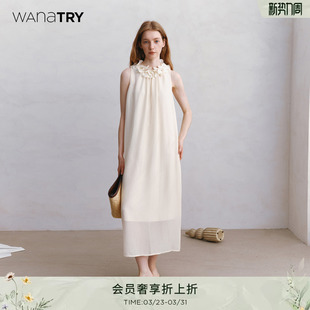 女款 wana 新款 连衣裙2026夏季 长裙 try圆领立体花朵蝴蝶兰杏无袖