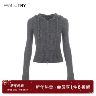 新款 2025冬季 灰色上衣女 try羊驼毛绵羊毛连帽超保暖针织开衫 wana