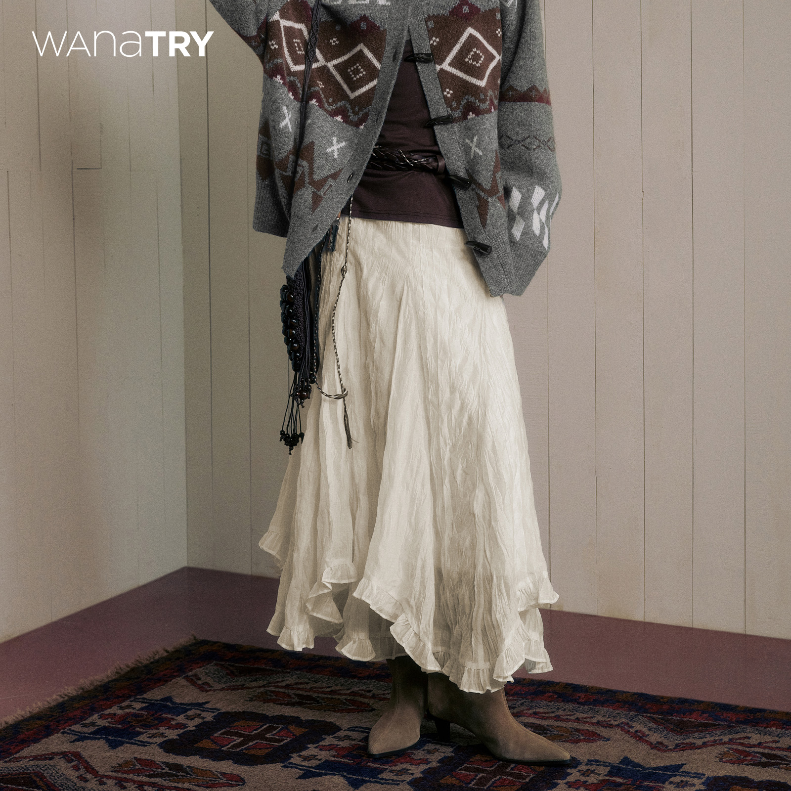 wanatry褶皱木耳边米白色半身裙