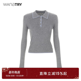 紧身纸片人灰色撞色边内搭女 新款 wana try绵羊毛polo针织上衣冬季