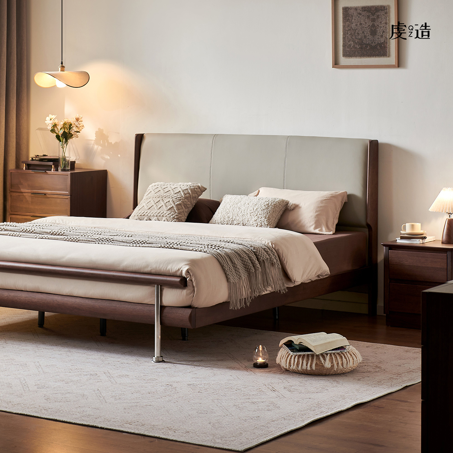 虔造家具齐边床卧室1米8双人床小户型省空间床黑胡桃木高脚实木床