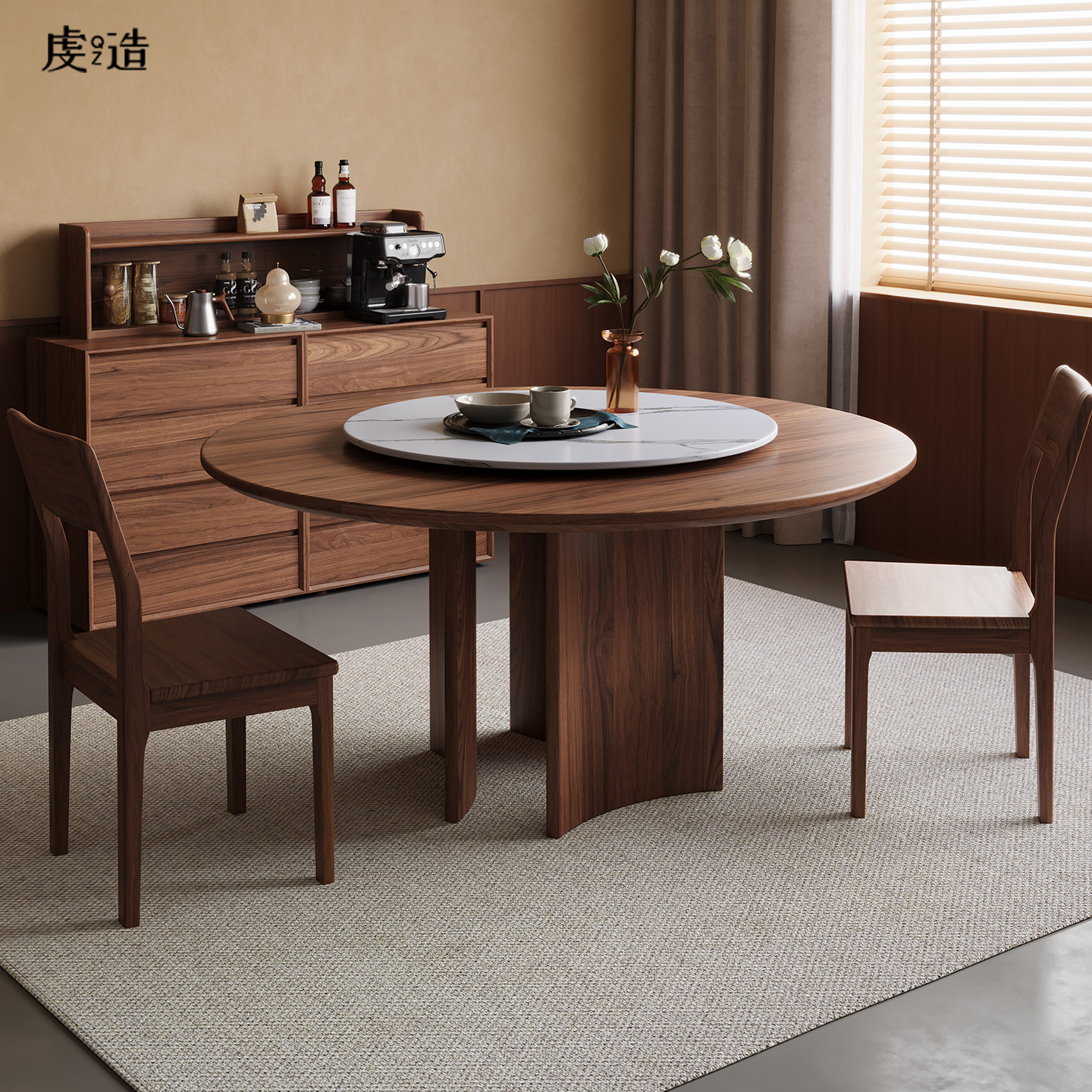 虔造黑胡桃木餐桌实木大圆桌10人中古风复古家用带转盘餐桌椅组合