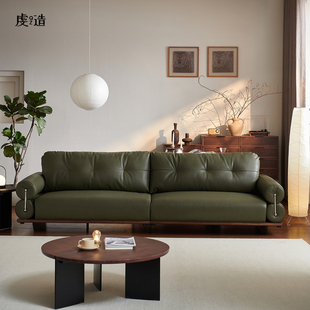 虔造家具复古沙发直排一字沙发客厅高端黑胡桃木实木皮中古风沙发