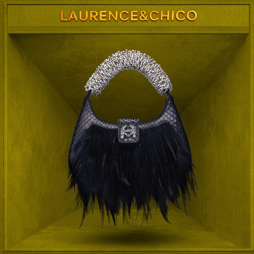 LC【稀有皮】黑色羽毛拼蛇皮银珠手提包