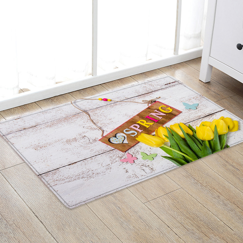 田园风格春季植物花卉加厚法兰绒客厅厨房家用地毯玄关地垫可机洗
