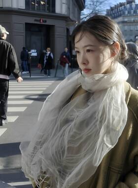 复古亚麻丝巾配大衣褶皱头巾文艺风春日薄款披肩春游氛围出片神器