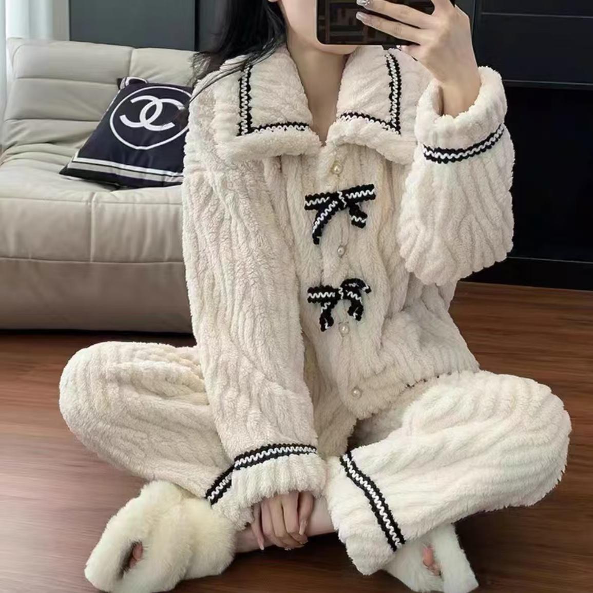 【小四粉丝专享】加厚甜美蝴蝶结保暖珊瑚绒家居服套装1008#