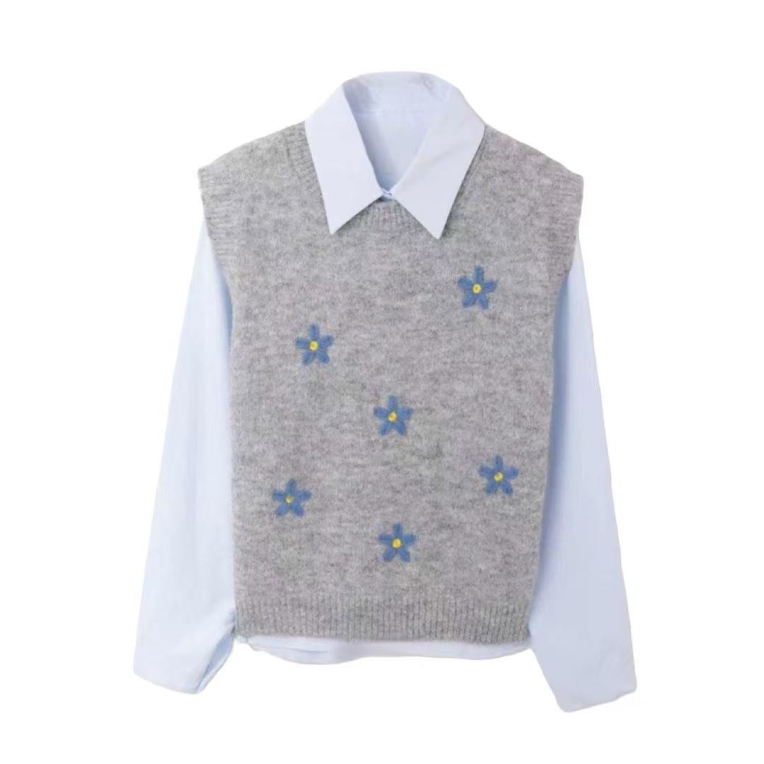 【悟空粉丝专享】刺绣花朵无袖针织马两件套上1256