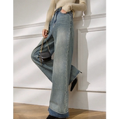 脚设计直筒牛仔裤 高弹力面料印花裤 3173 恩佳专享