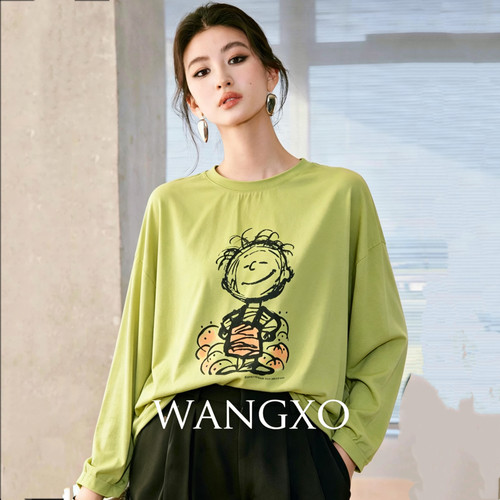 恩佳专享～夏季新款卡通图案棉麻长袖T恤女宽松微透薄款6312