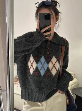 爆米花专享～菱格翻领毛衣女秋冬新款宽松慵懒风针织衫5849