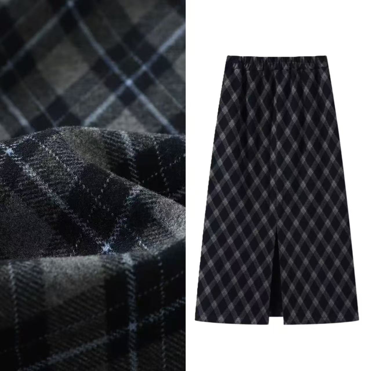 【甜甜圈专享】格子纹毛呢半身裙女新款冬加绒加厚A字中长裙968#