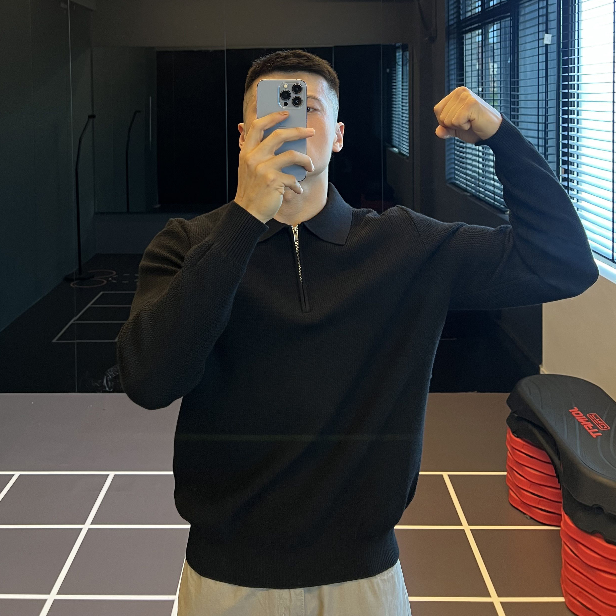 翻领肌理条纹毛衣半拉链针织polo