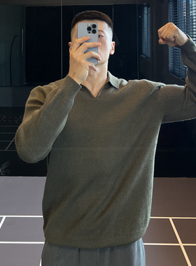 IRONTRAP复古绿色针织毛衣男V领短款修身基础针线衫百搭长袖秋冬