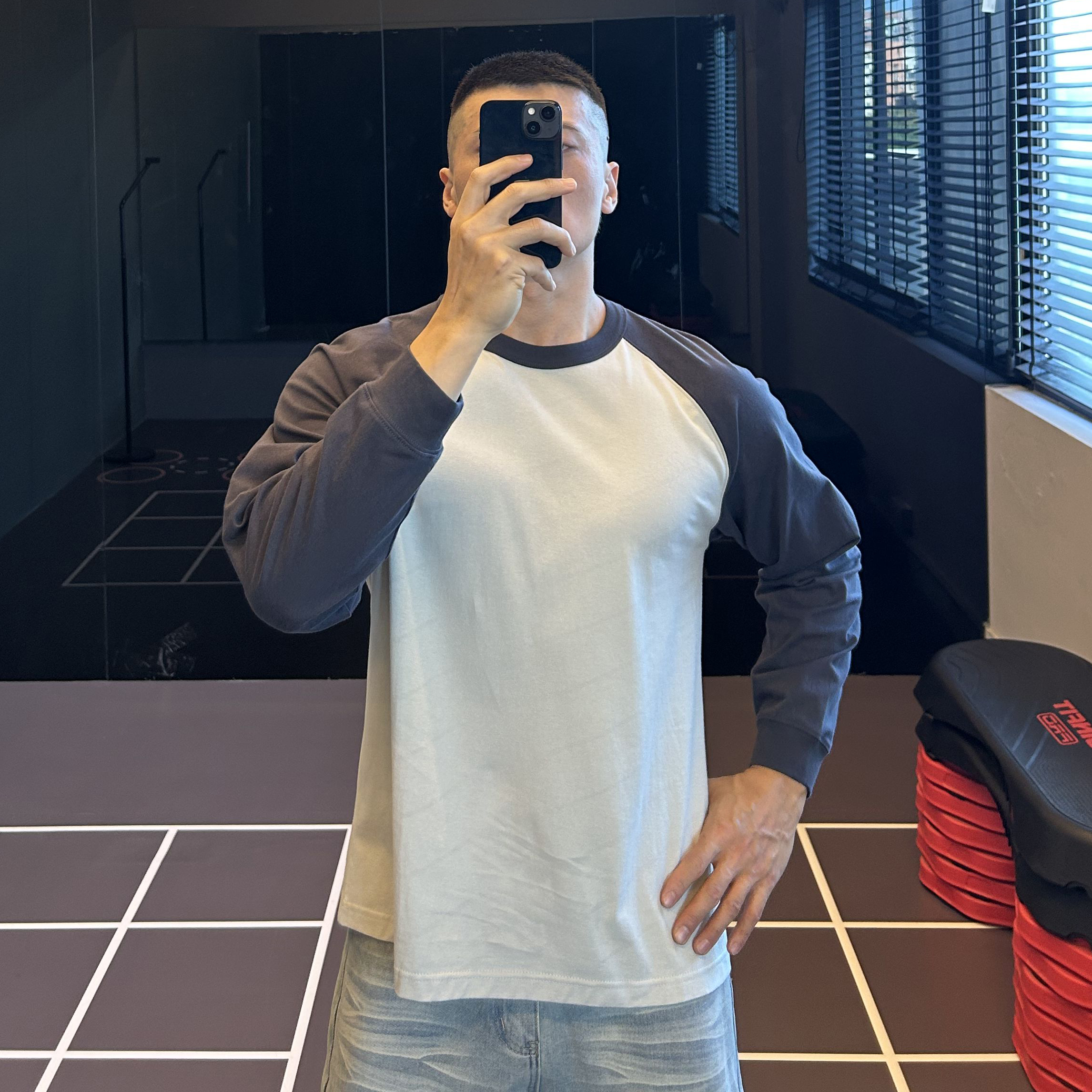 重磅300G撞色插肩袖长袖T恤秋冬