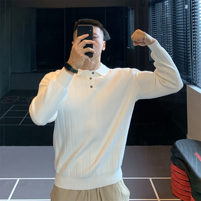 美式坑条复古长袖T恤男polo针织