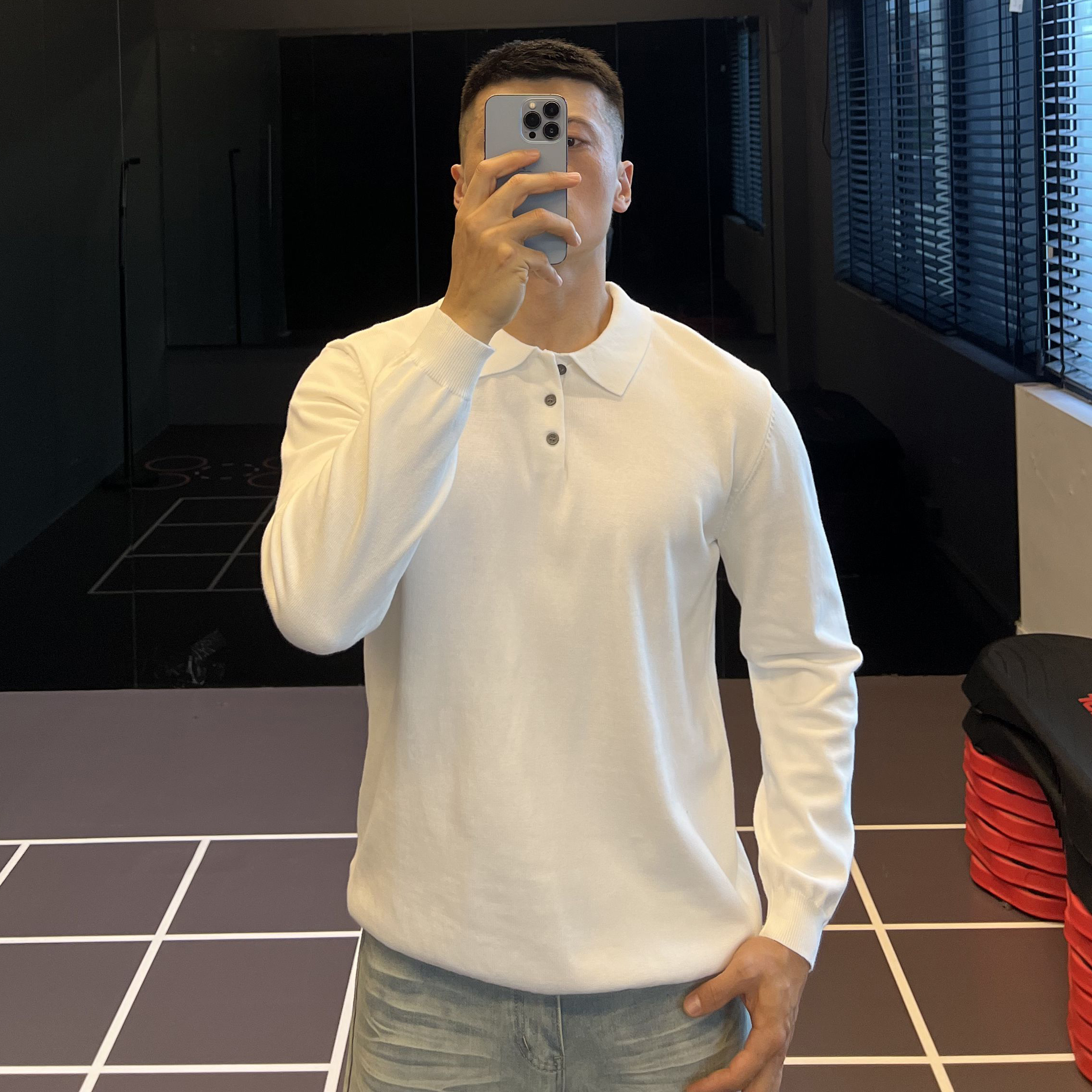 纯色基础针织衫长袖弹力翻领polo