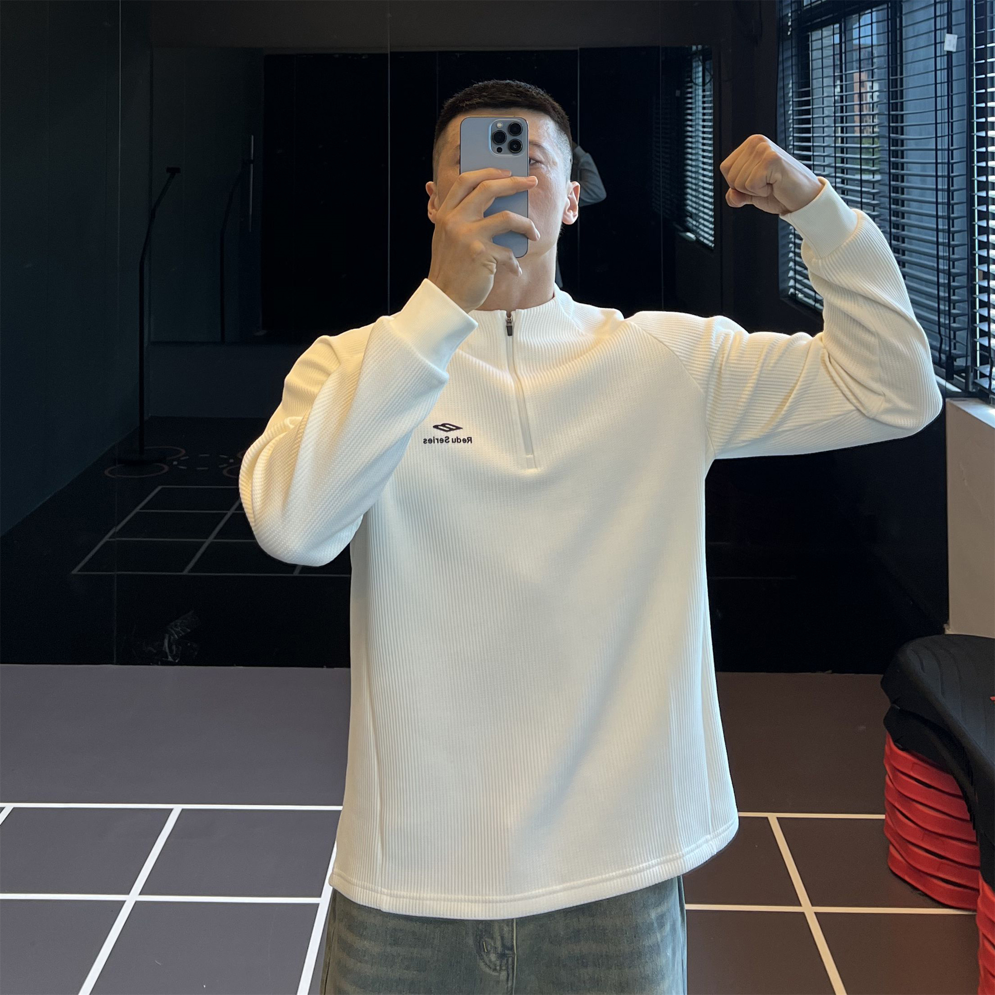 半拉链华夫格户外运动长袖T恤男