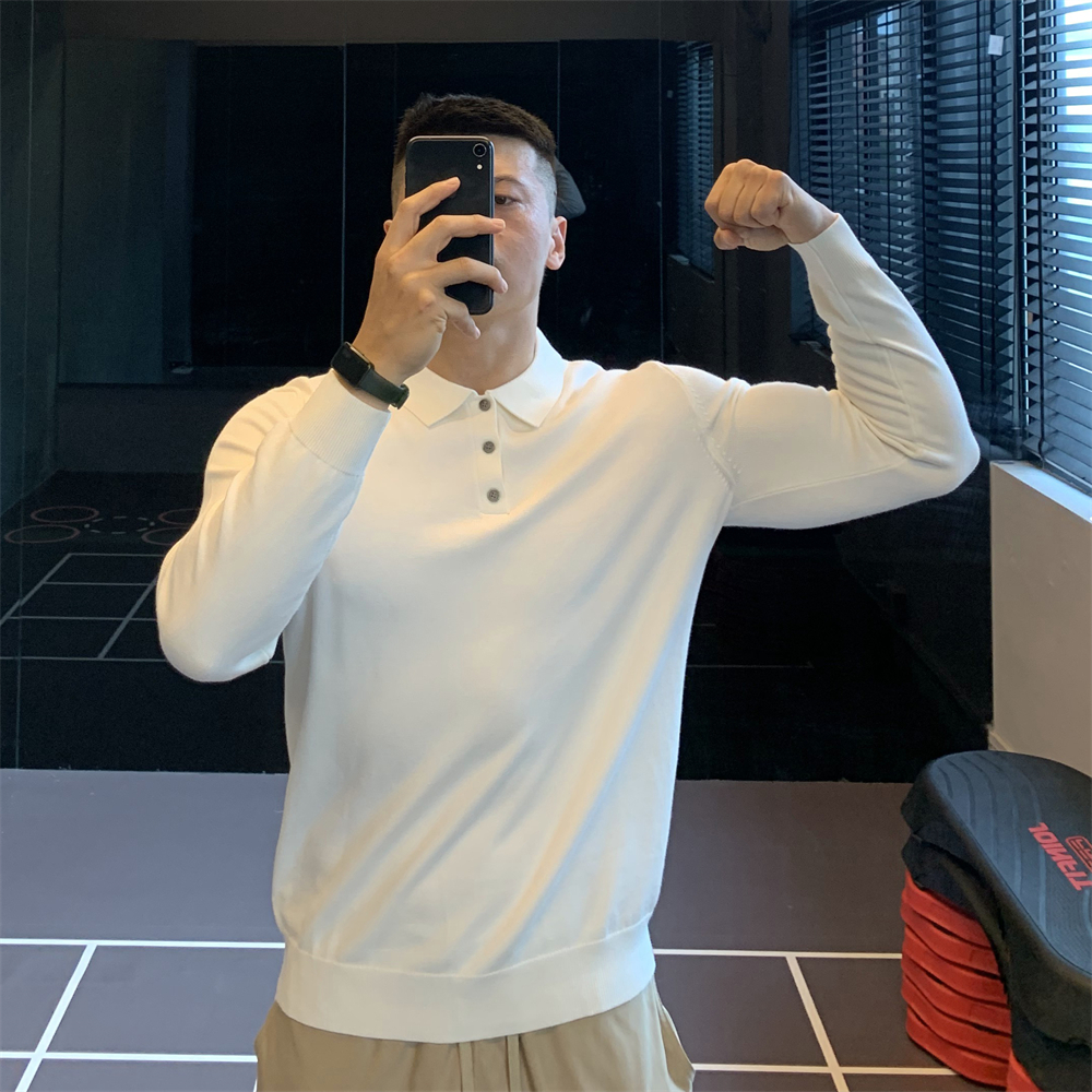 针织纯色polo衫长袖T恤男翻领秋