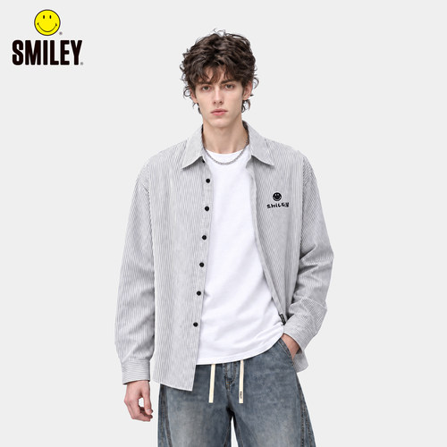 SMILEY2026新款情侣条纹长袖衬衫