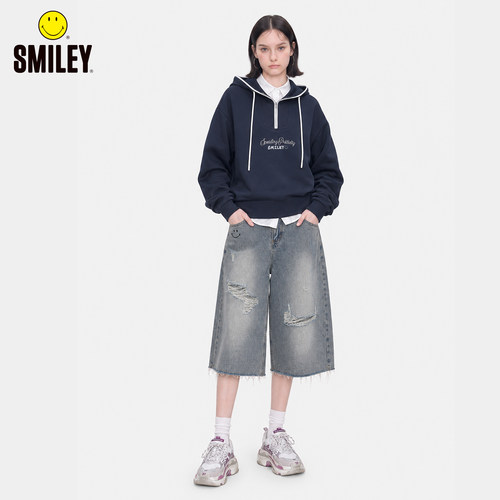 SMILEY秋冬连帽拉链卫衣女宽松