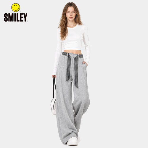SMILEY秋冬格纹针织阔腿裤显瘦