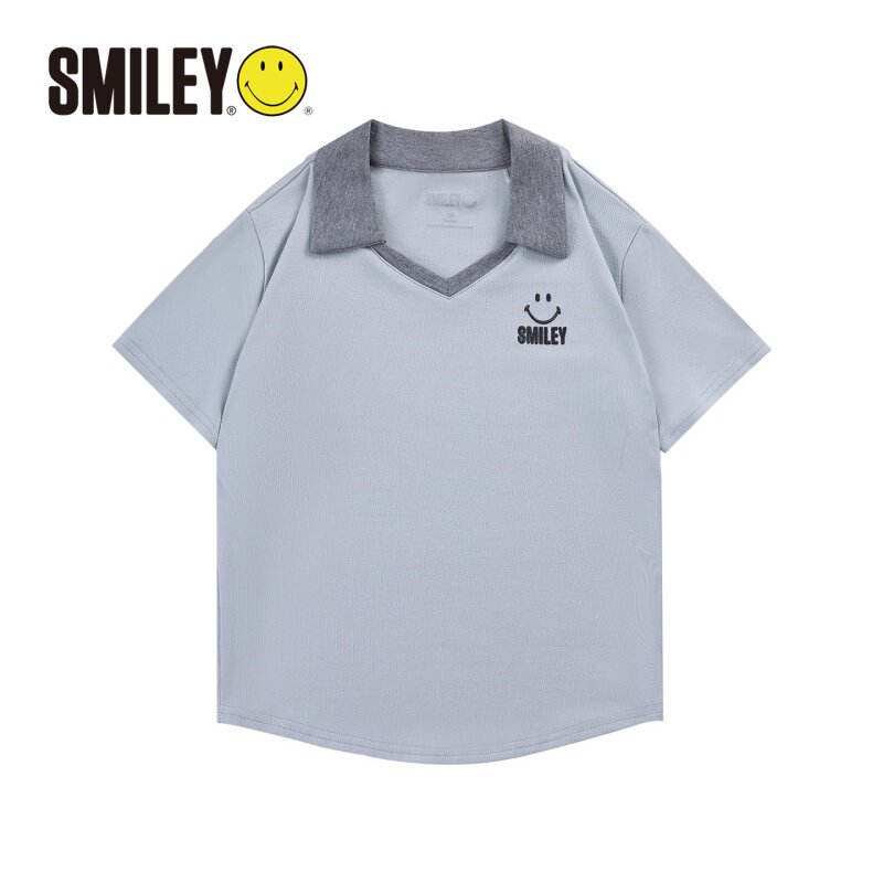SMILEY美式拼色翻领POLO衫潮牌复古宽松T恤夏季字母笑脸印花短袖