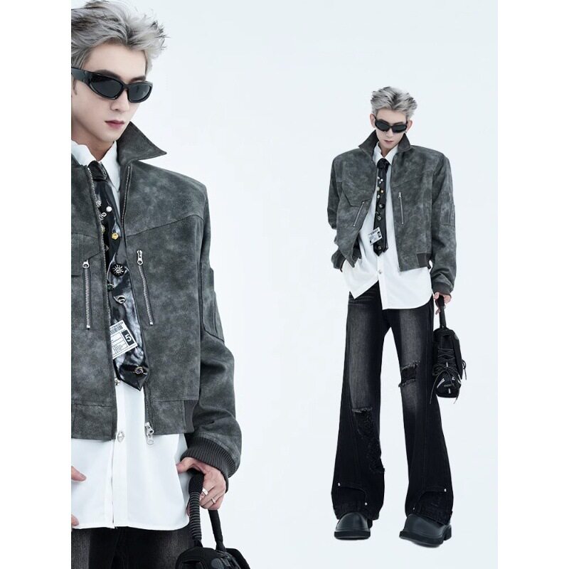 粉色复古机车麂皮绒时髦夹克外套