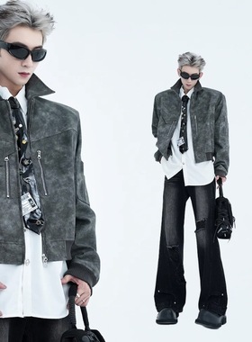 粉色复古机车麂皮绒男春秋新款男生短款擦色做旧时髦帅气夹克外套